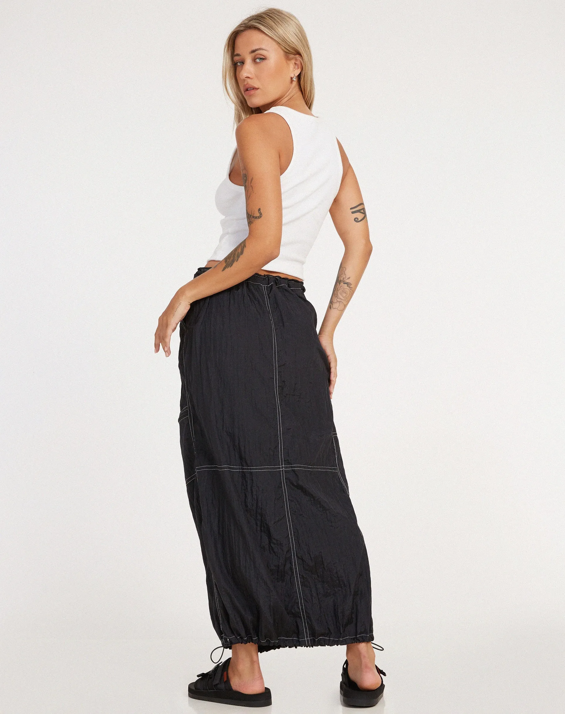 Masao Maxi Skirt in Parachute Black with White Stitch sold by Motel Rocks product image thumbnail 3