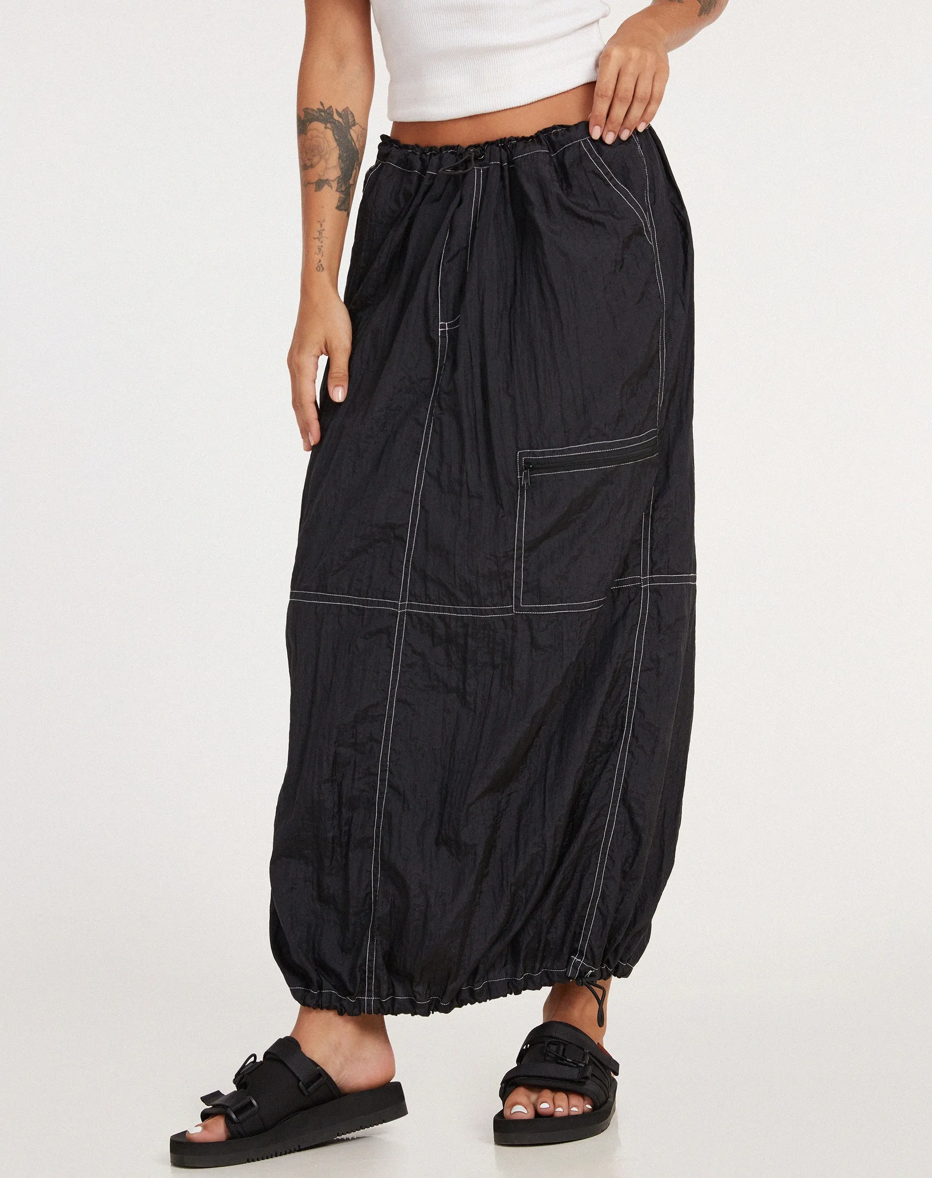 Masao Maxi Skirt in Parachute Black with White Stitch sold by Motel Rocks product image thumbnail 4