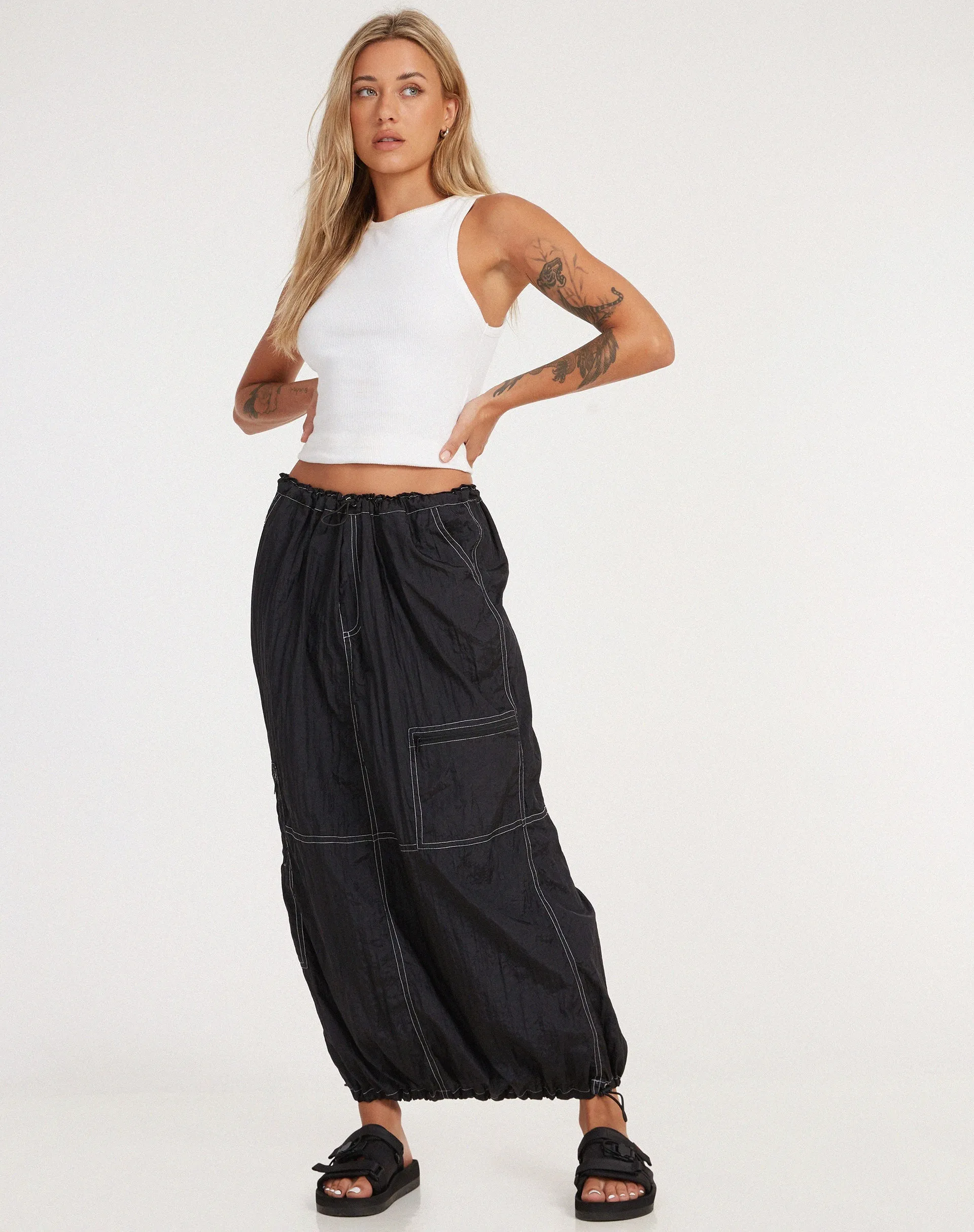 Masao Maxi Skirt in Parachute Black with White Stitch sold by Motel Rocks product image thumbnail 2