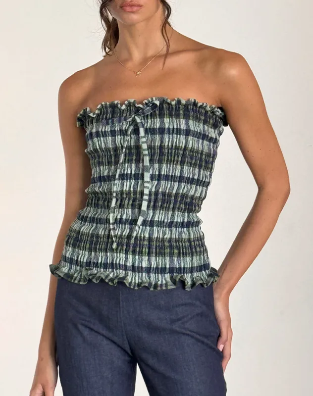 Rigia Bandeau Top in Linen Mono Check Green sold by Motel Rocks