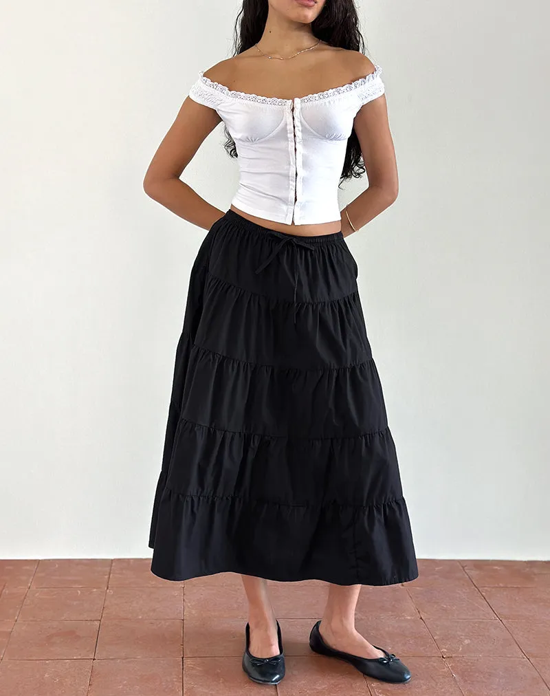 Izumi Tiered Midi Skirt in Poplin Black sold by Motel Rocks