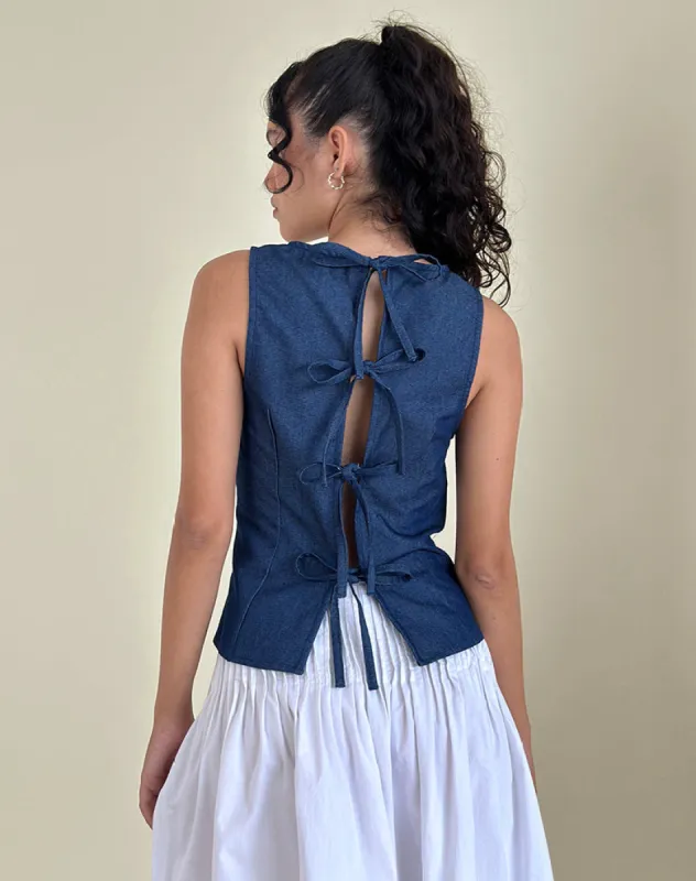 Yashia Tie Top in Denim Chambray Indigo sold by Motel Rocks