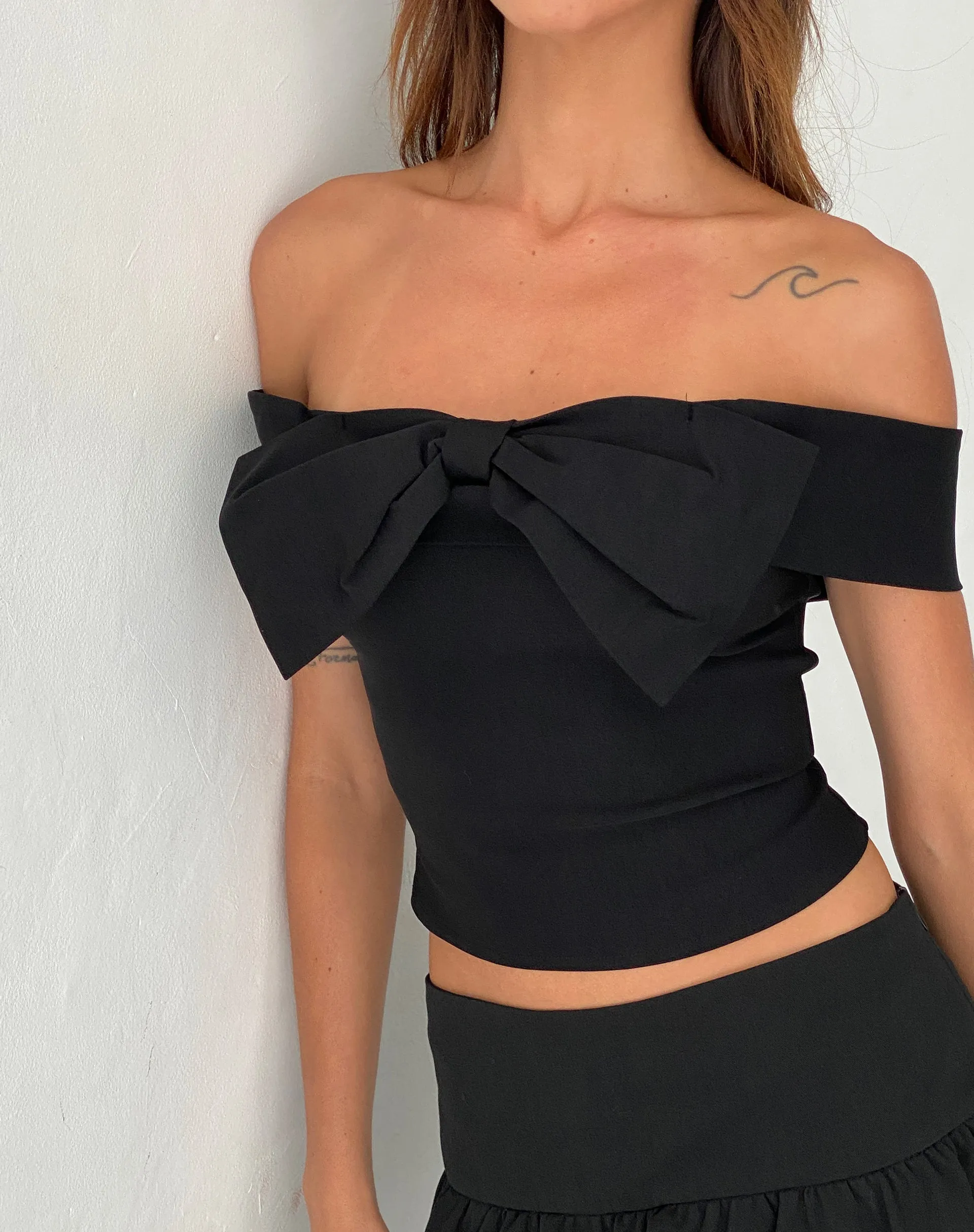 Naras Bow Front Bardot Top in Black Tailoring sold by Motel Rocks