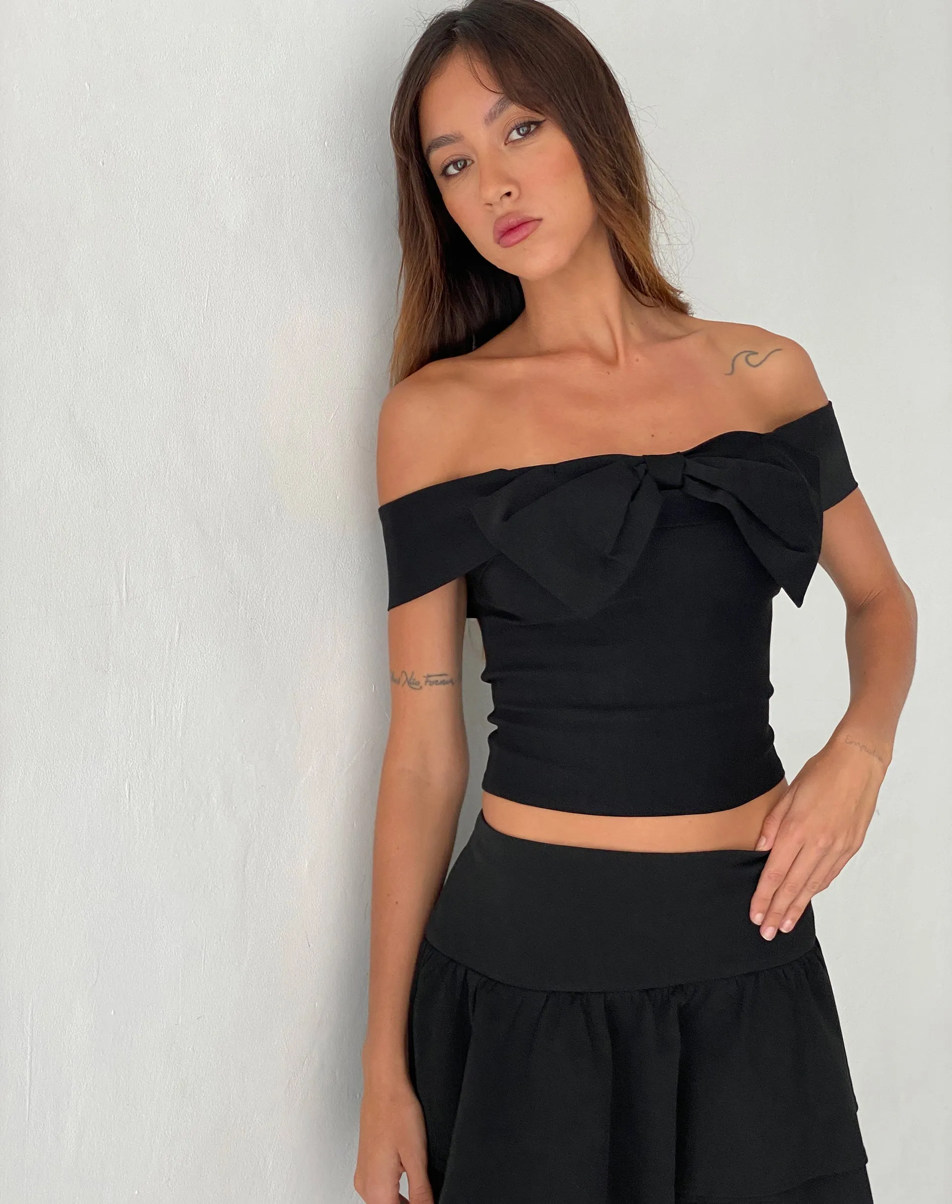 Naras Bow Front Bardot Top in Black Tailoring sold by Motel Rocks product image thumbnail 3