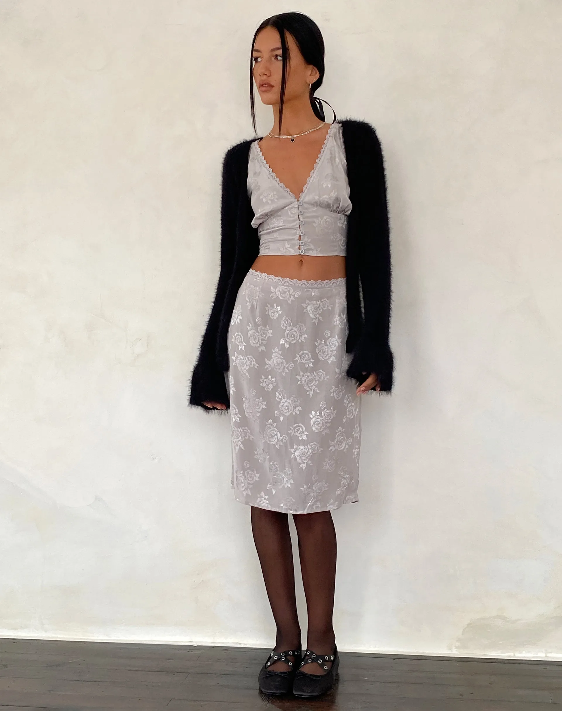 Piyeto Midi Skirt in Satin Rose Silver Grey sold by Motel Rocks product image thumbnail 3