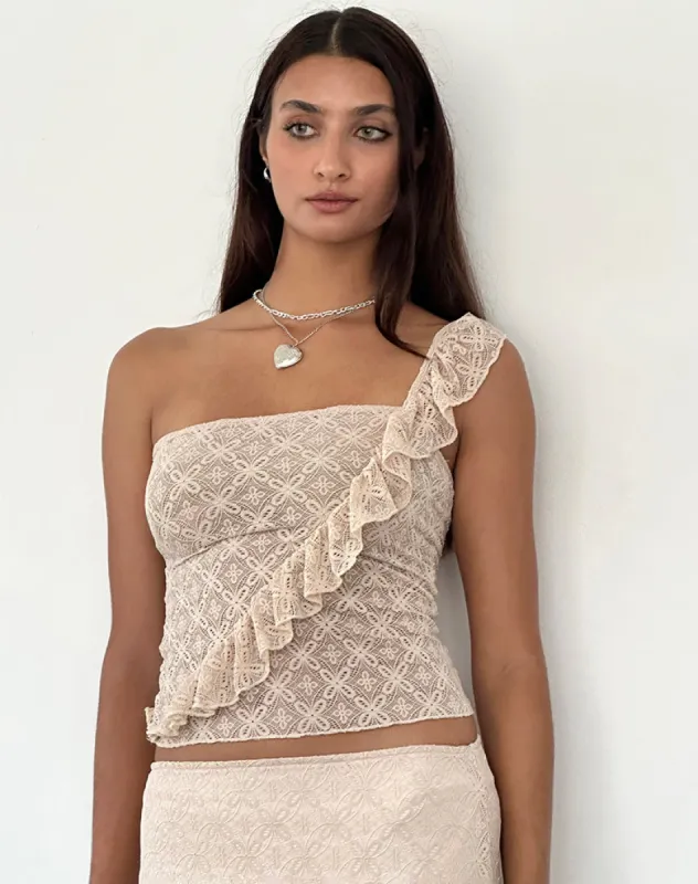 Kezia Bandeau Frill Top in Textured Nude Lace sold by Motel Rocks