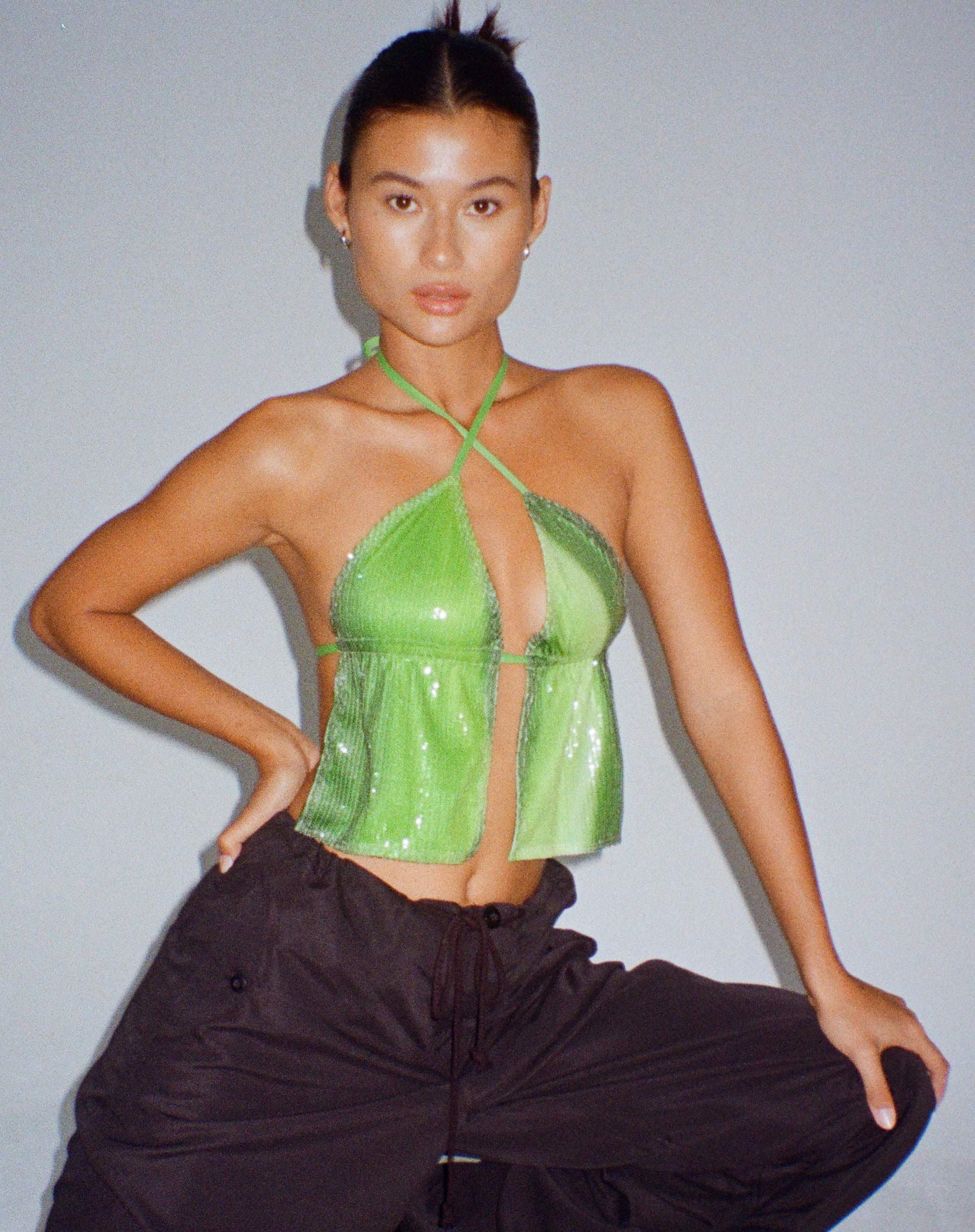Runita Halter Top in Sequin Solarized Green sold by Motel Rocks product image thumbnail 2