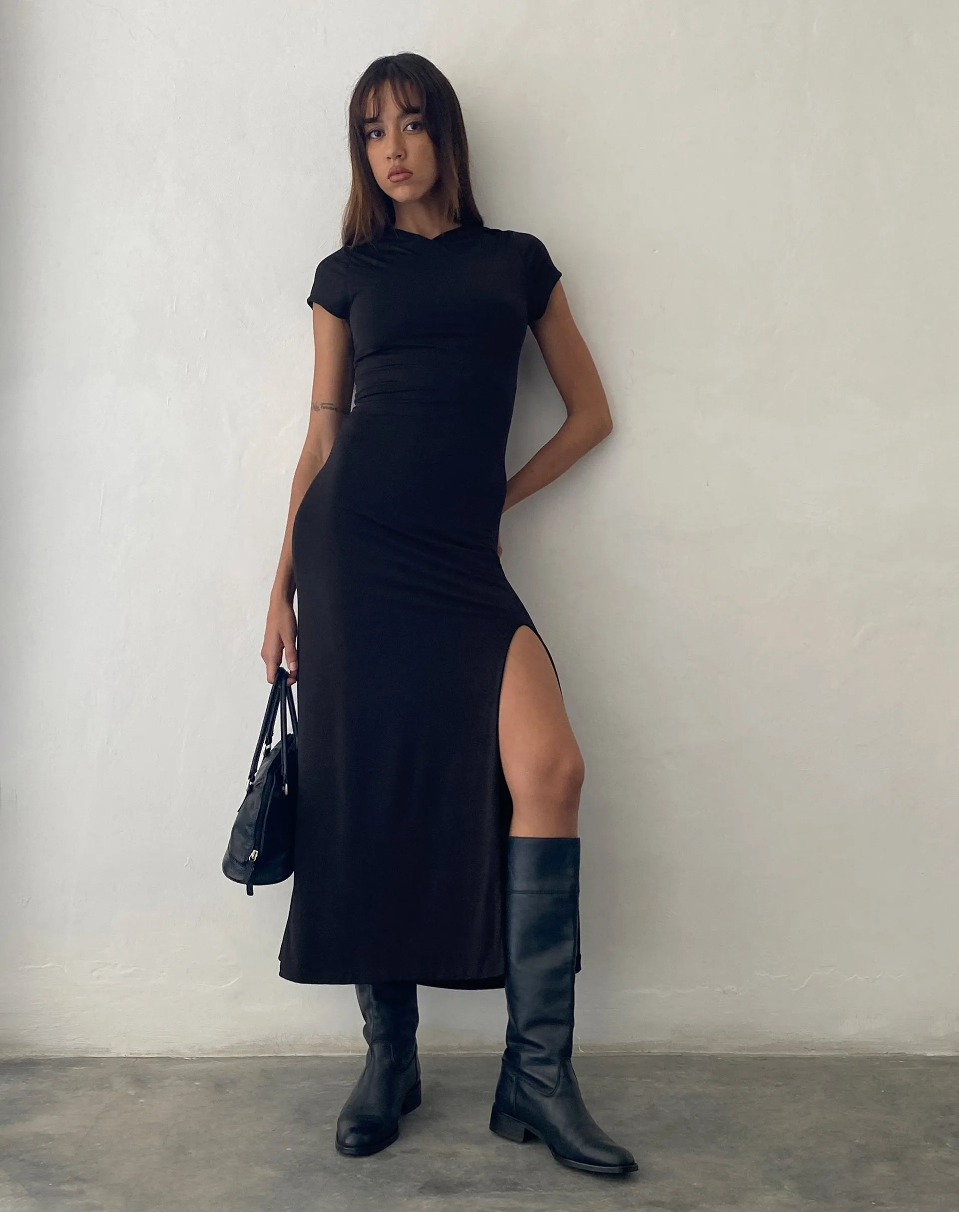 Dixie Hooded Maxi Dress in Slinky Black sold by Motel Rocks