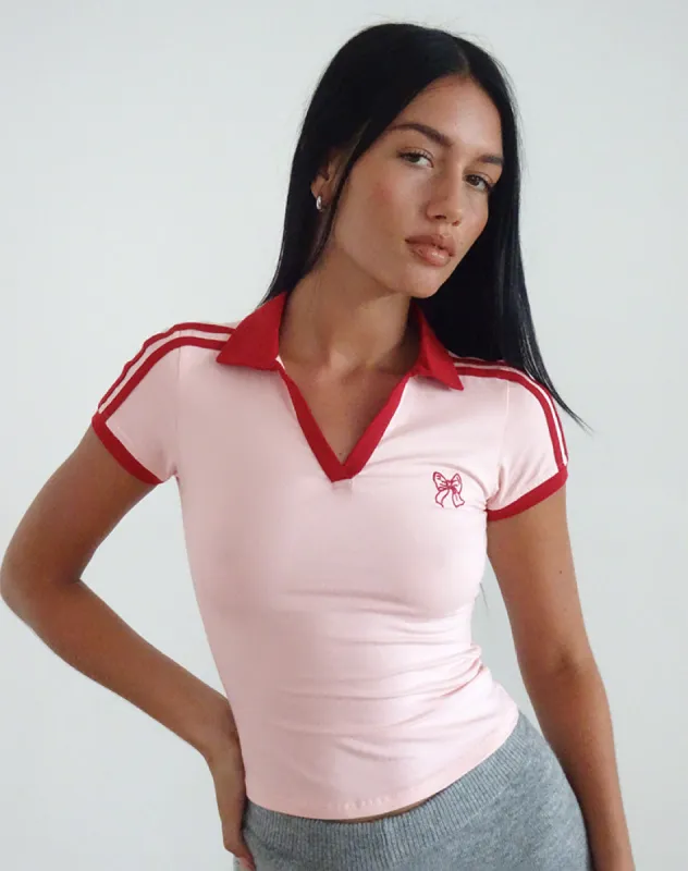 Isda Top in Girlie Pink with Red Bow Emb sold by Motel Rocks
