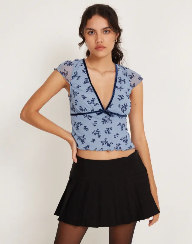 Livi Mesh Top in Light Blue and Navy Botanist Flocking sold by Motel Rocks