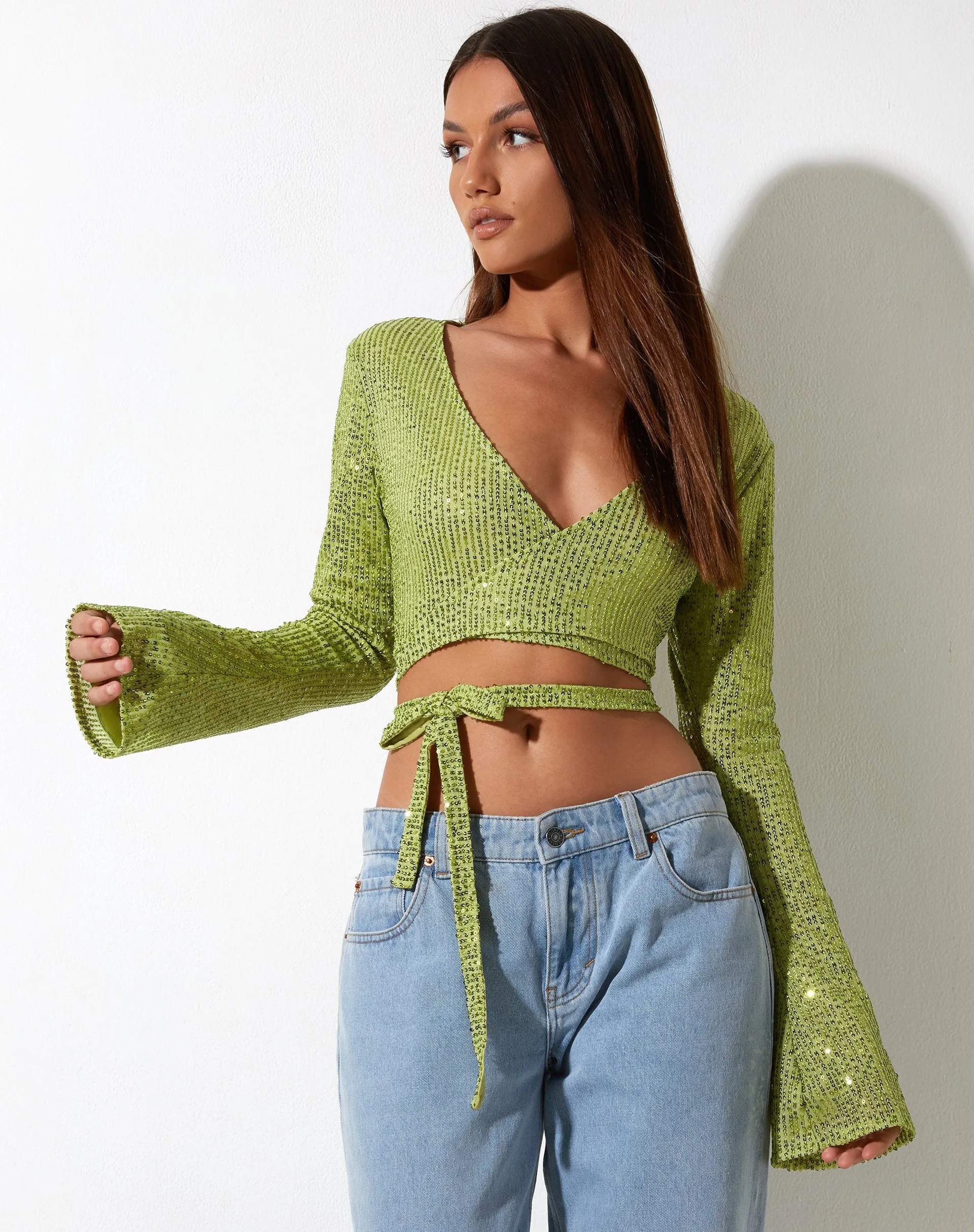 Lania Cardi in Drape Sequin Lime Green sold by Motel Rocks