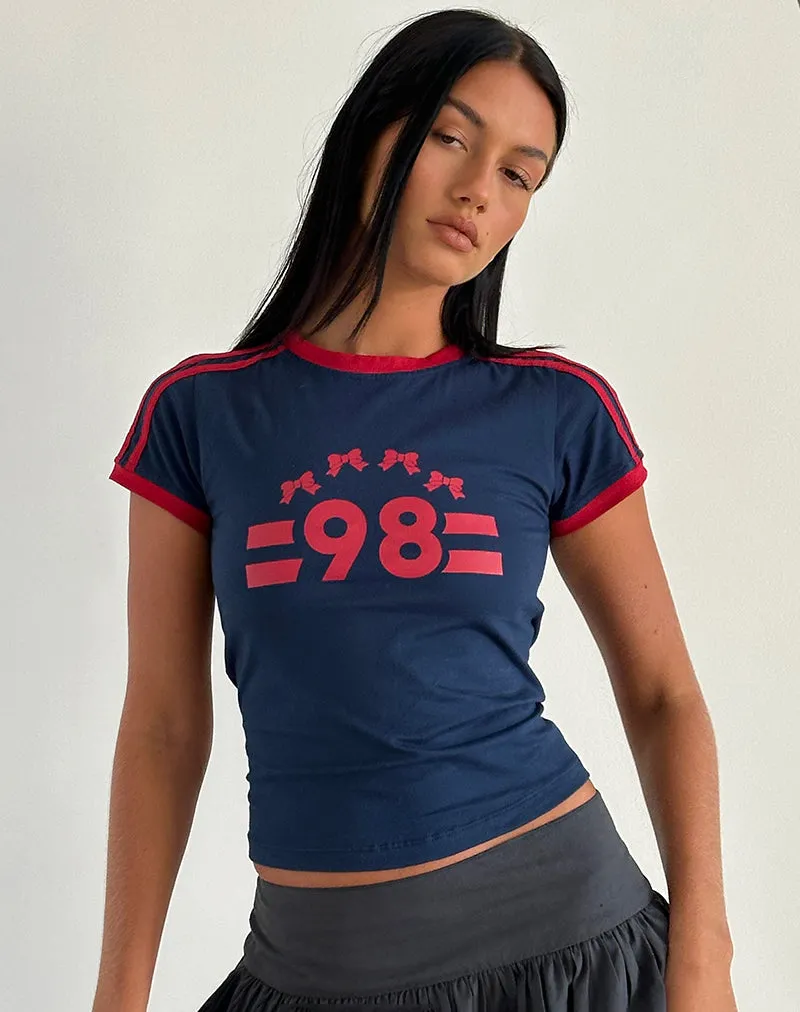 Salda Tee in Navy with Adrenaline Red Binding and '98' Emb sold by Motel Rocks