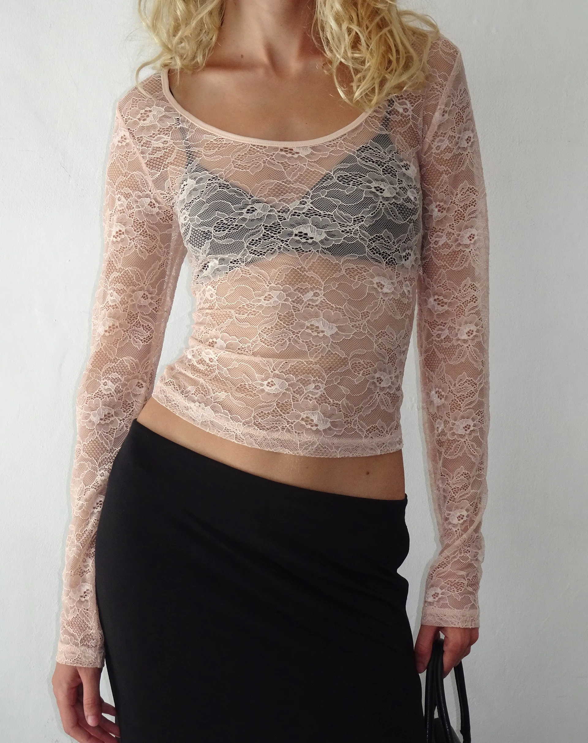 Lainey Long Sleeve Lace Top in Blush sold by Motel Rocks