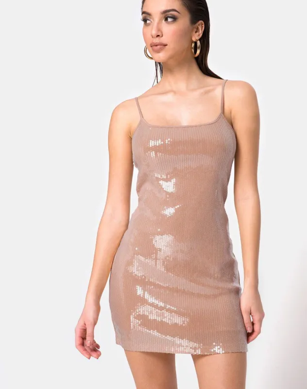Selah Bodycon Dress in Camel with Clear Sequin sold by Motel Rocks