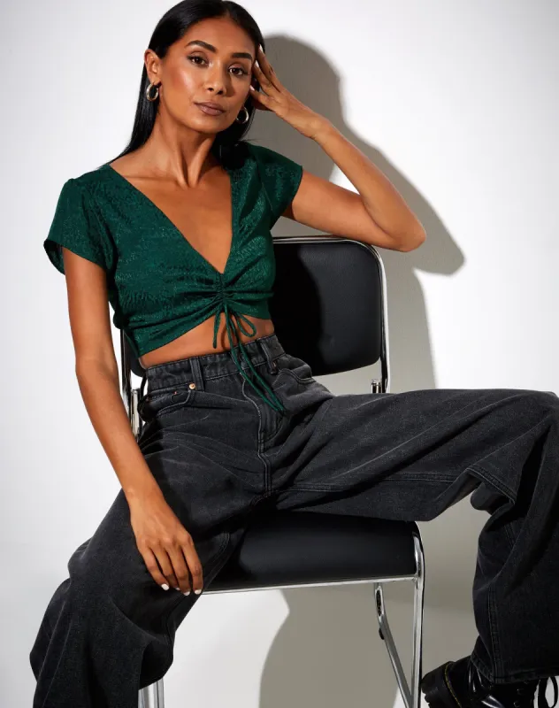 Raeto Crop Top in Satin Cheetah Forest Green sold by Motel Rocks