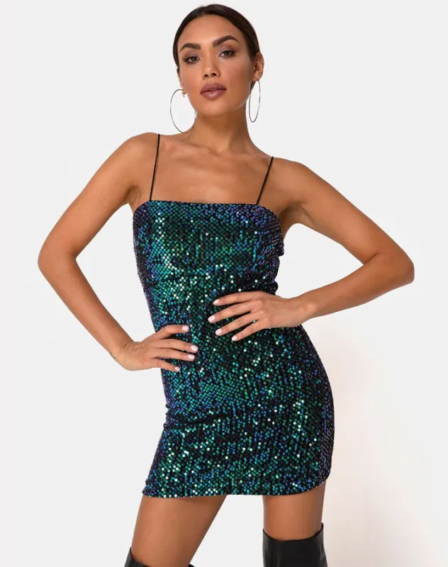 Cecile Slip Dress in Velvet Green Iridescent Sequin sold by Motel Rocks