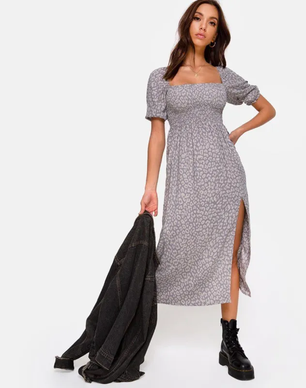 Eloya Midi Dress in Leopard Daze Grey sold by Motel Rocks