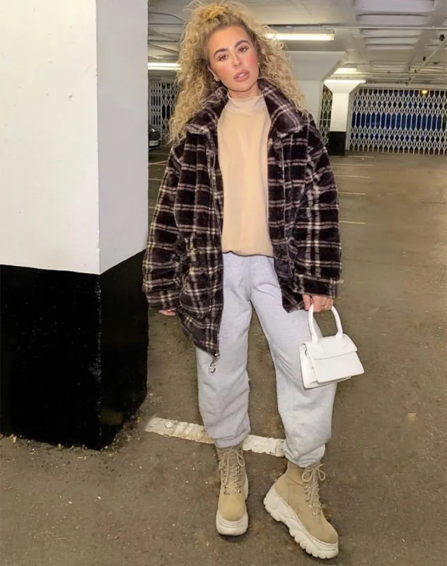 Teddy Coat in Brown Match Check sold by Motel Rocks