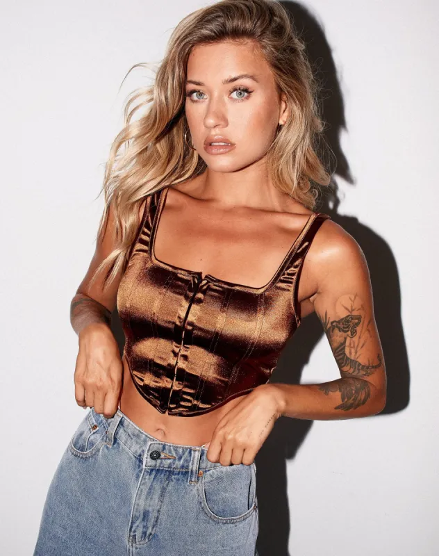Elci Corset Top in Satin Spandex Brown sold by Motel Rocks