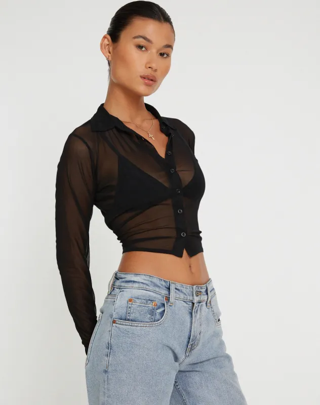 Kelly Cropped Shirt in Mesh Black sold by Motel Rocks