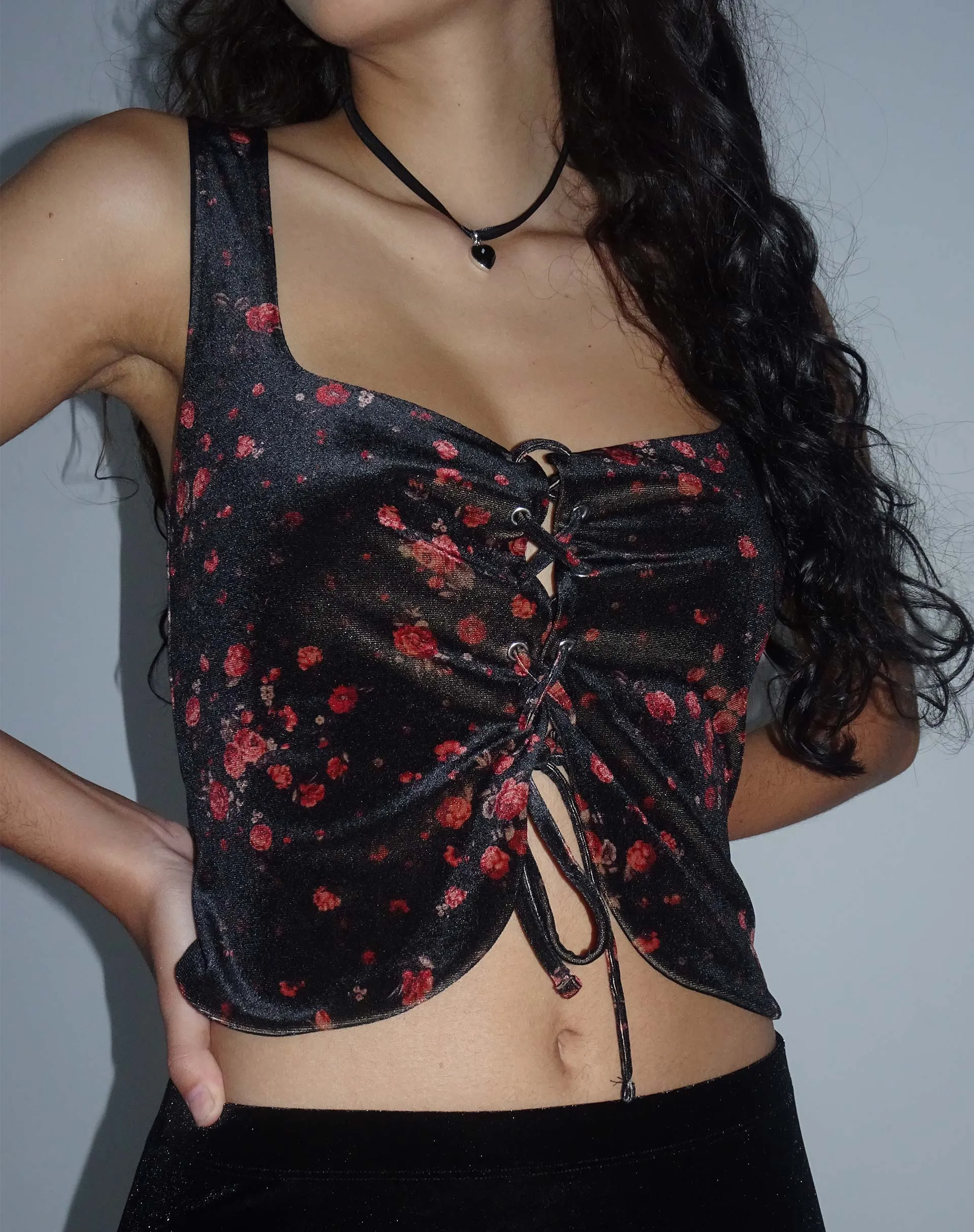 Taula Cropped Corset Top in Rose Cluster Velvet sold by Motel Rocks