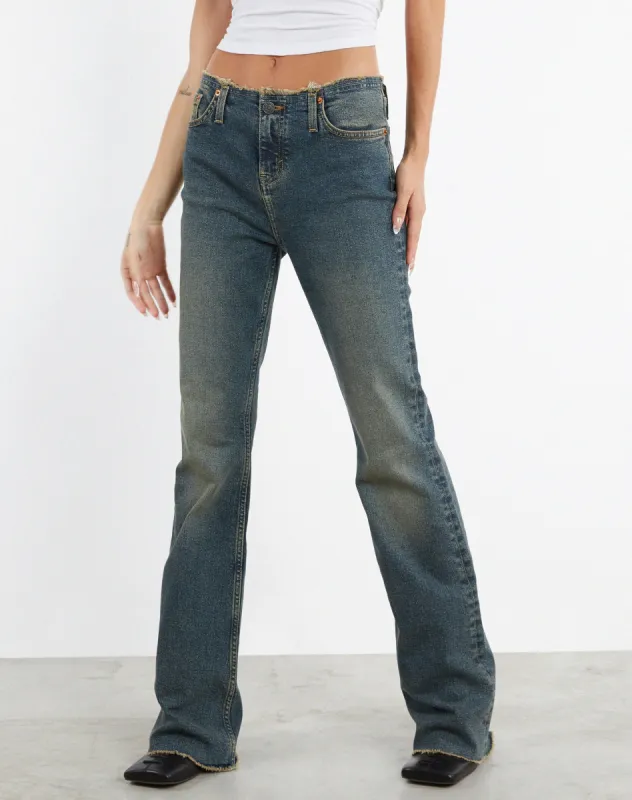 Frayed Low Rise Jeans in Brown and Blue Acid sold by Motel Rocks