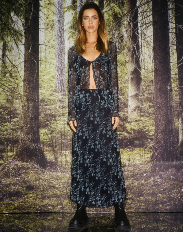 Rindu Midi Skirt in Butterfly Vine Flock Blue sold by Motel Rocks