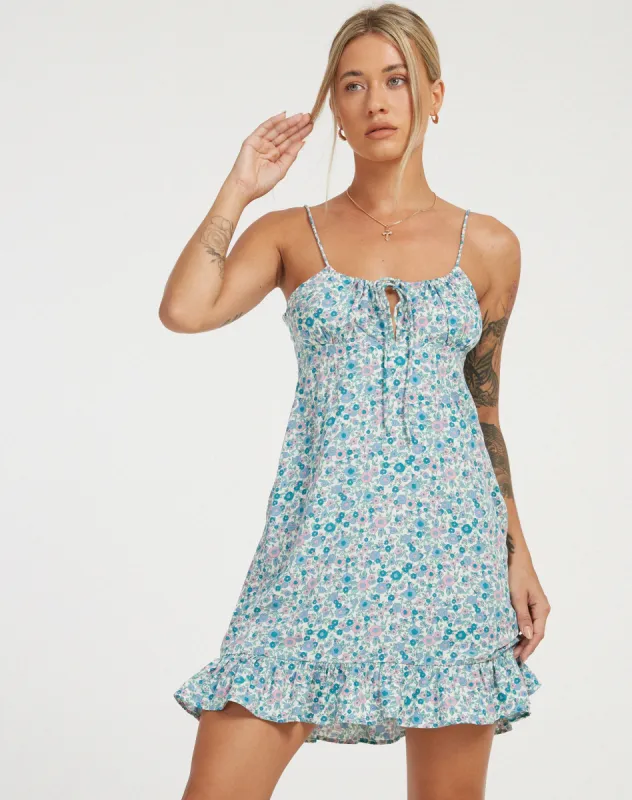 Alaca Mini Dress in Flower Power Blue sold by Motel Rocks