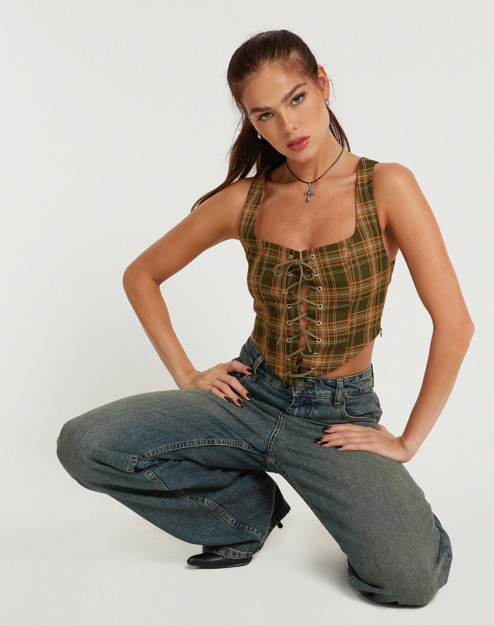 Milton Corset Top in Tartans Green Brown sold by Motel Rocks product image thumbnail 3