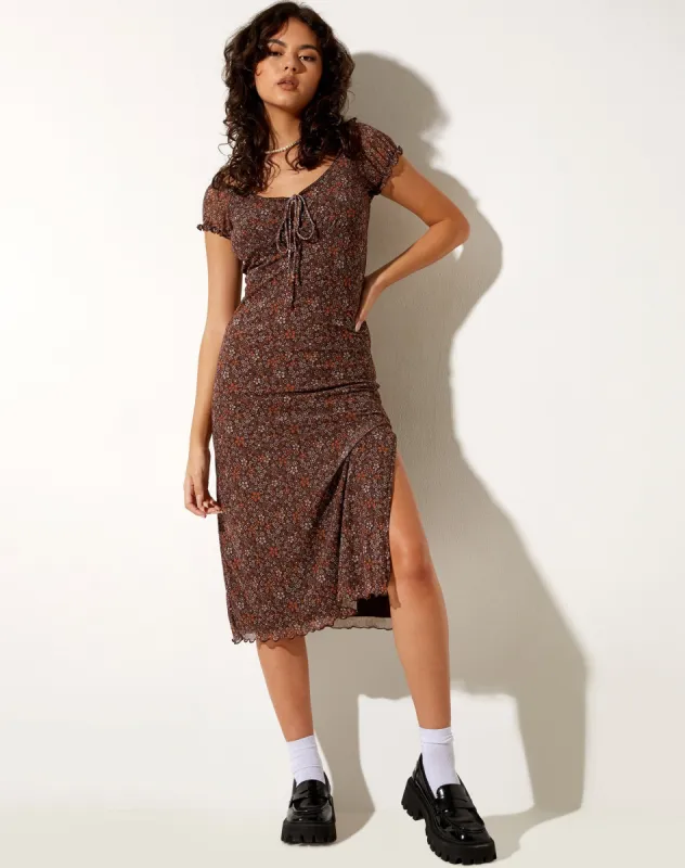 Lona Midi Dress in Flower Garden Brown sold by Motel Rocks