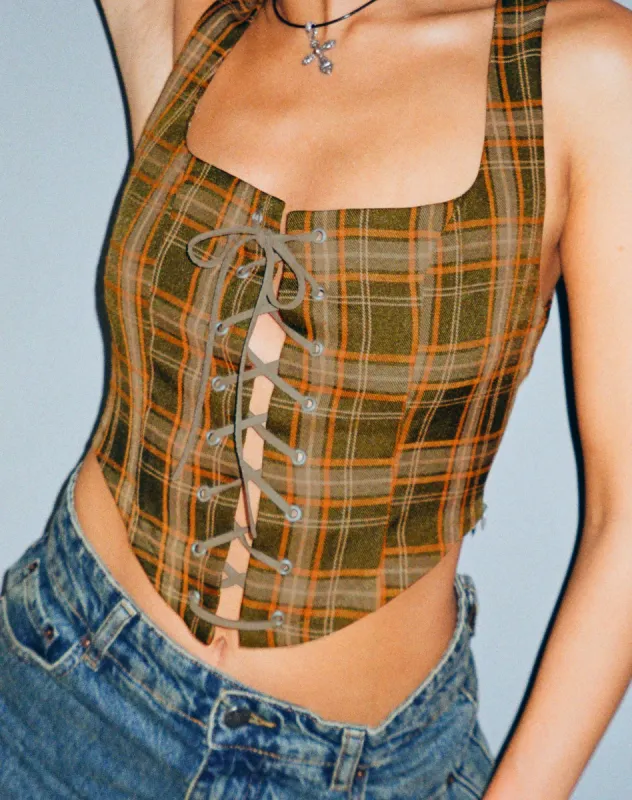 Milton Corset Top in Tartans Green Brown sold by Motel Rocks