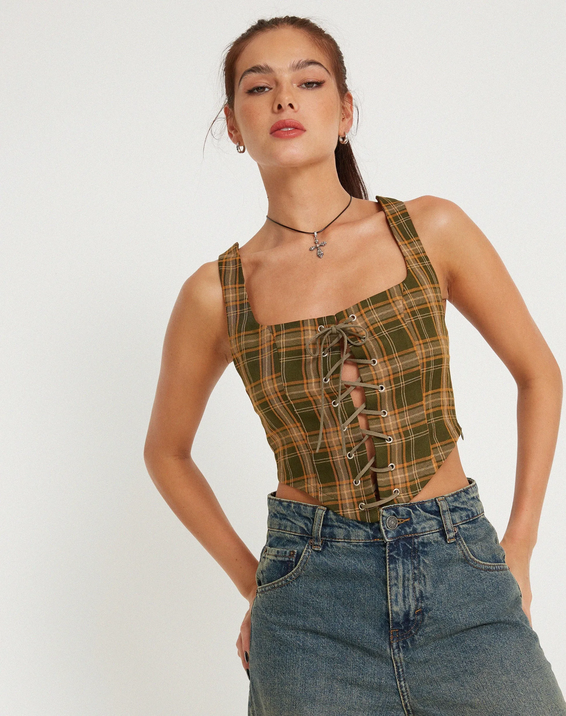 Milton Corset Top in Tartans Green Brown sold by Motel Rocks product image thumbnail 4