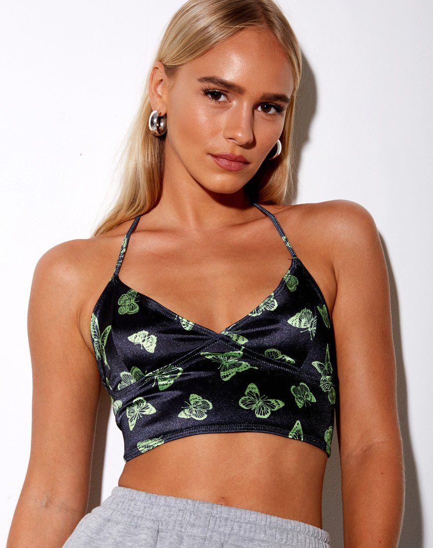 Dyla Crop Top in Black Butterfly Lime sold by Motel Rocks