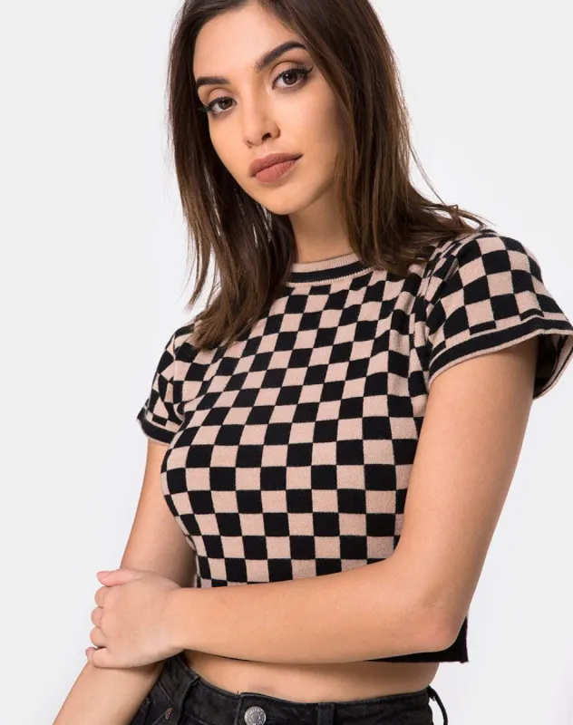 Nelle Crop Top in Checkerboard Tan sold by Motel Rocks