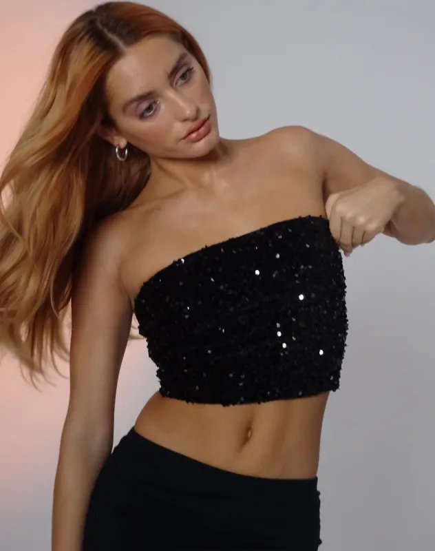 Shae Bandeau Top in Mini Sequin Black sold by Motel Rocks