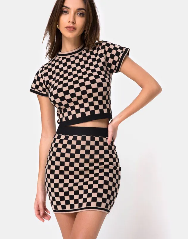 Immie Mini Skirt in Checkerboard Tan sold by Motel Rocks