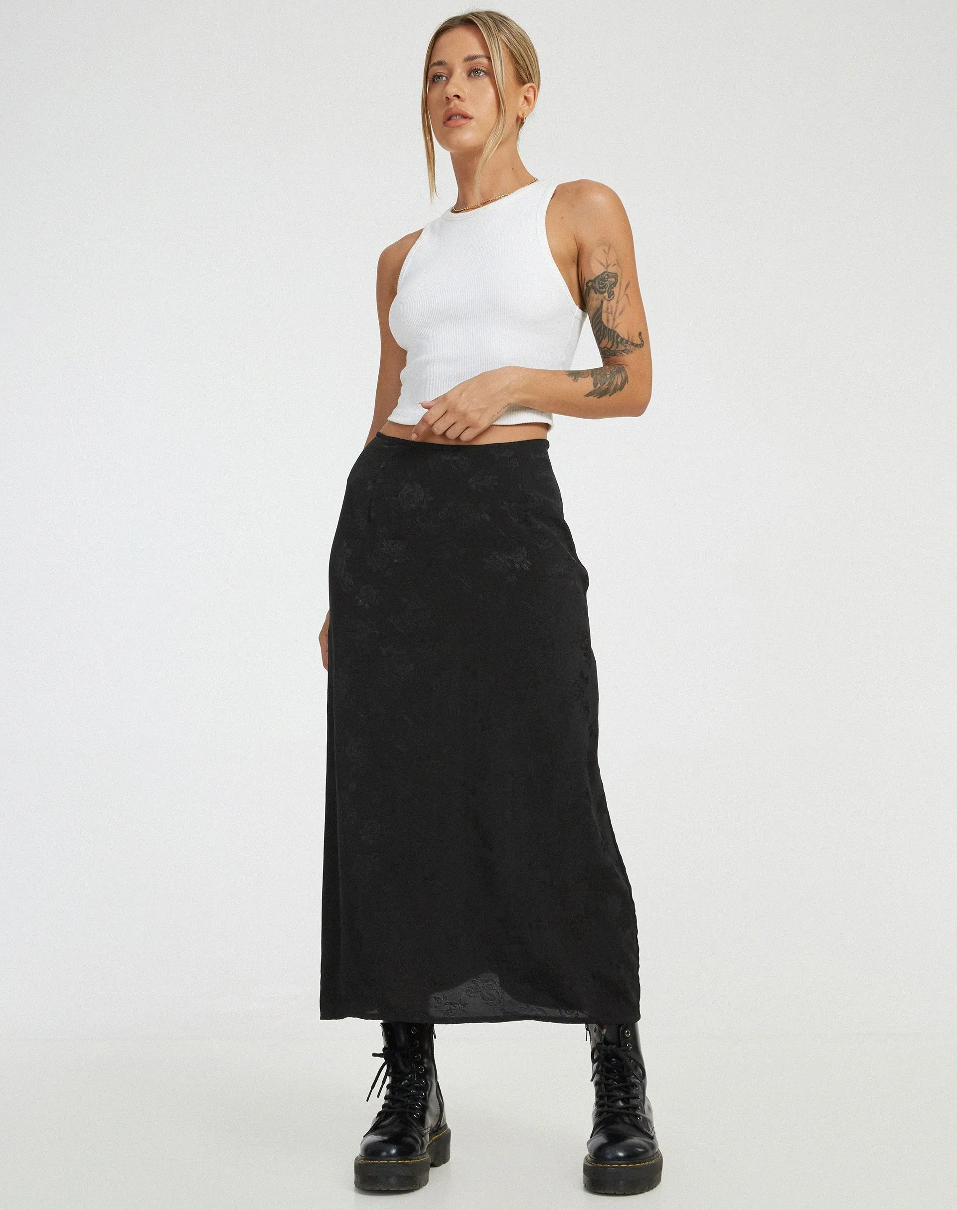 Rindu Midi Skirt in Satin Rose Black sold by Motel Rocks