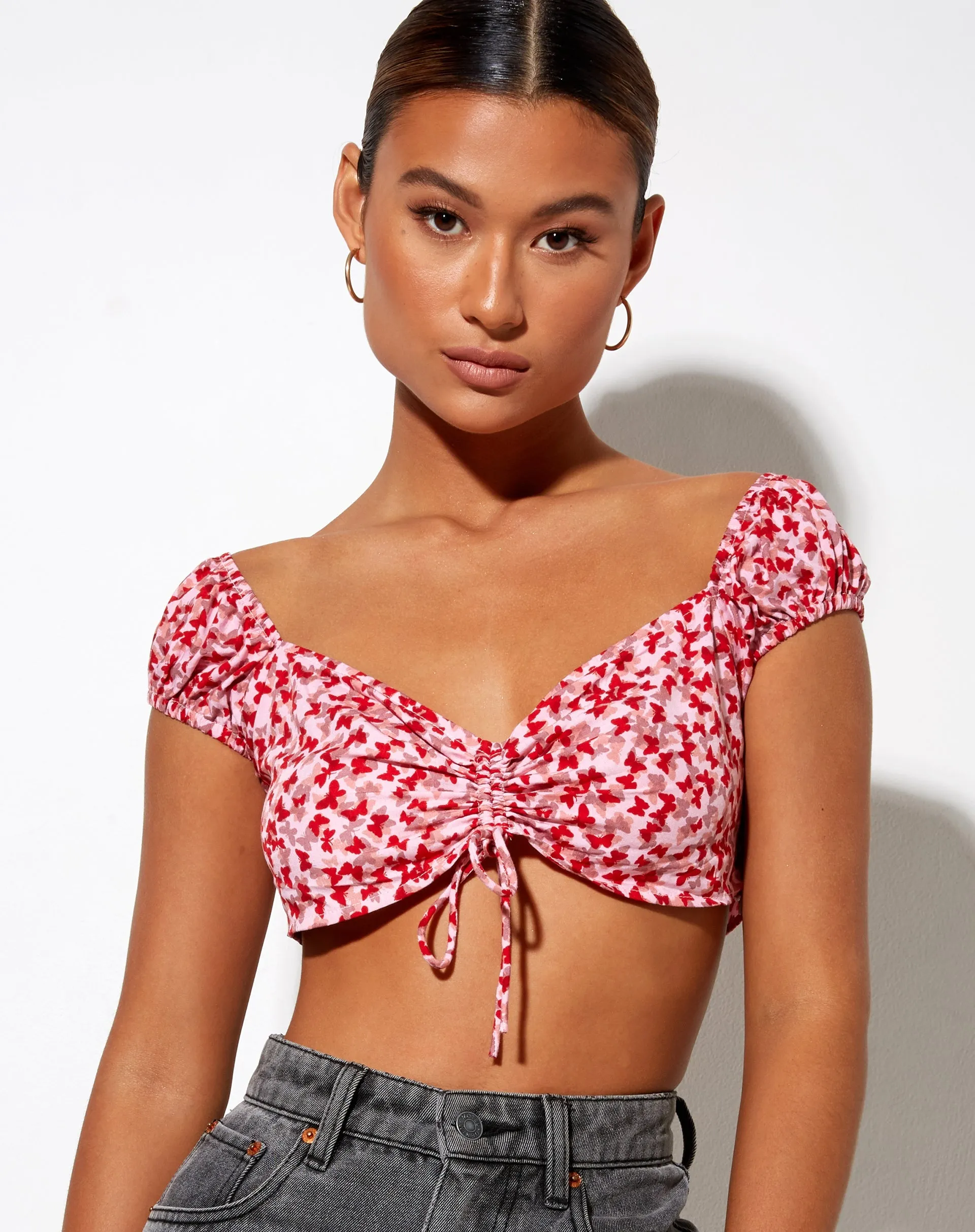 Sarae Crop Top in Ditsy Butterfly Peach and Red sold by Motel Rocks product image thumbnail 3