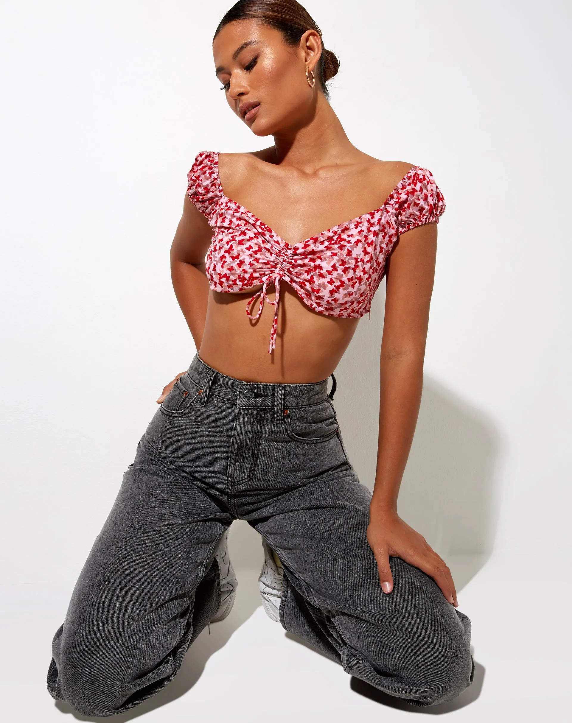 Sarae Crop Top in Ditsy Butterfly Peach and Red sold by Motel Rocks product image thumbnail 4