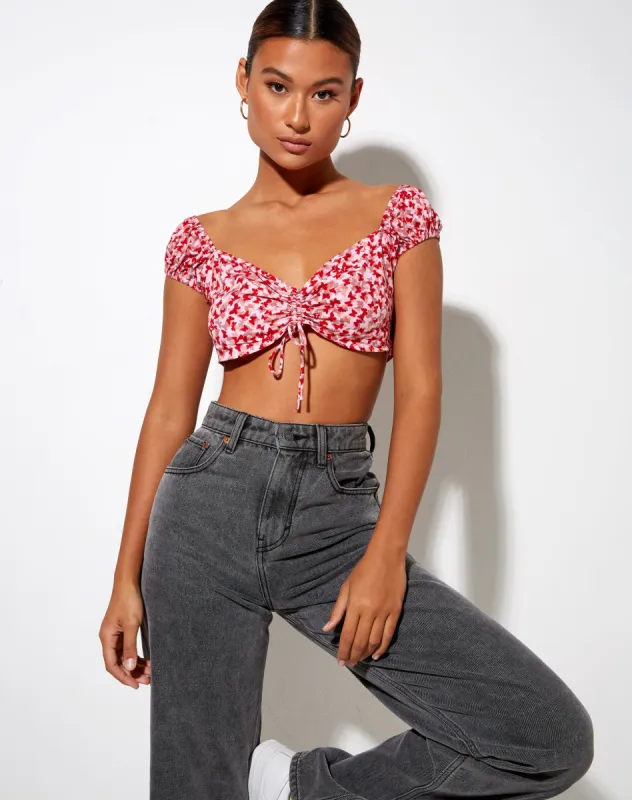 Sarae Crop Top in Ditsy Butterfly Peach and Red sold by Motel Rocks