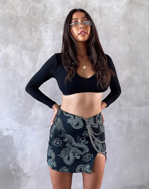Wren Skirt in Dragon Flower Black and Mint sold by Motel Rocks