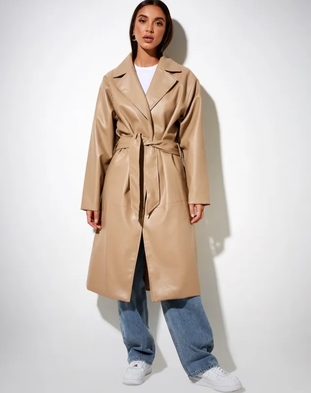 Duster Coat in PU Tan sold by Motel Rocks