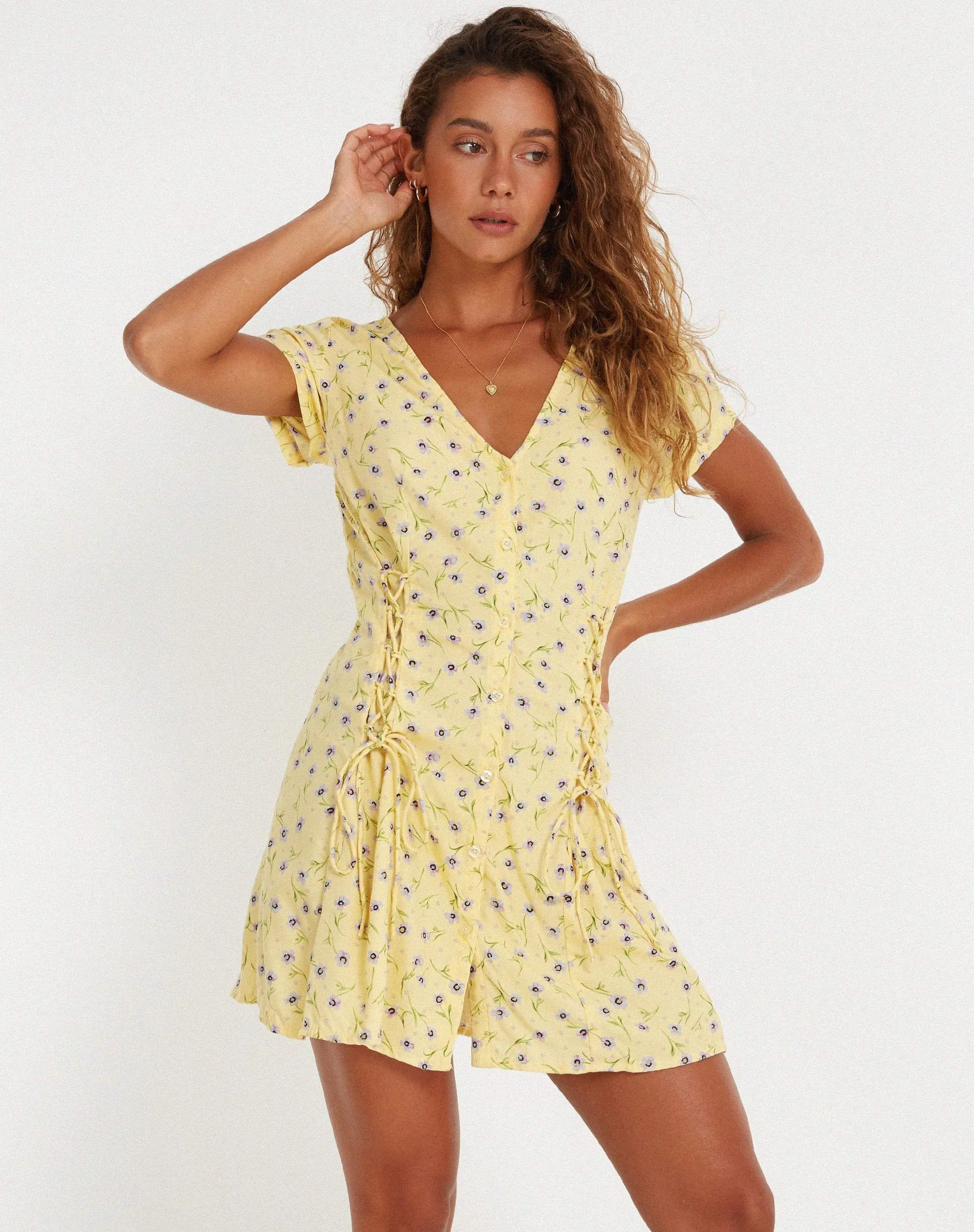 Calliope Mini Dress in Wild Flower Lemon Drop sold by Motel Rocks