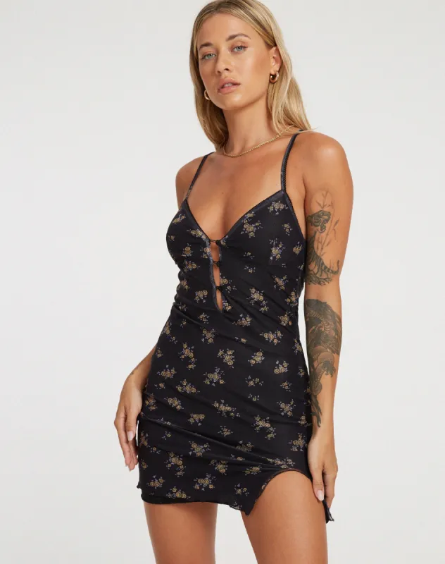 Yakinta Mini Dress in Femme Floral Black and Gold sold by Motel Rocks