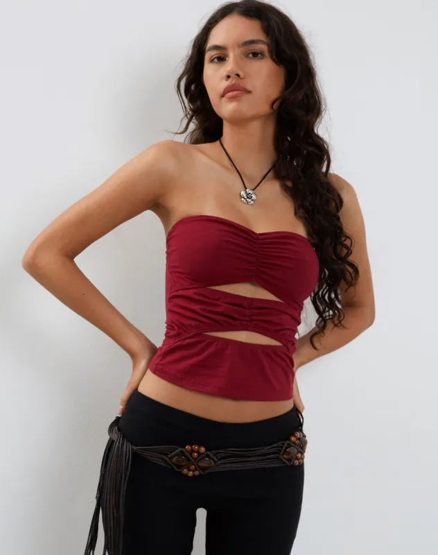 Dayu Bandeau Crop Top in Burgundy sold by Motel Rocks