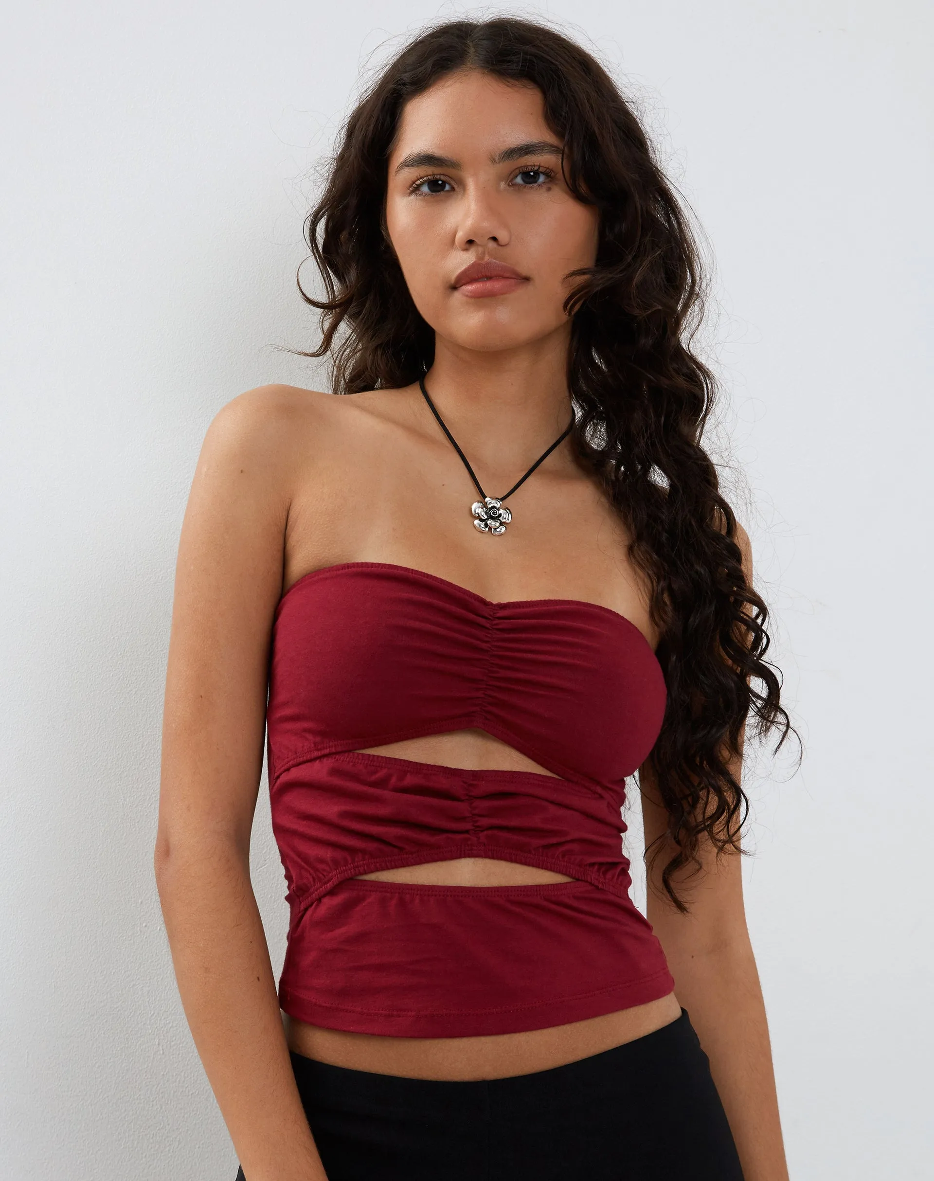 Dayu Bandeau Crop Top in Burgundy sold by Motel Rocks product image thumbnail 3