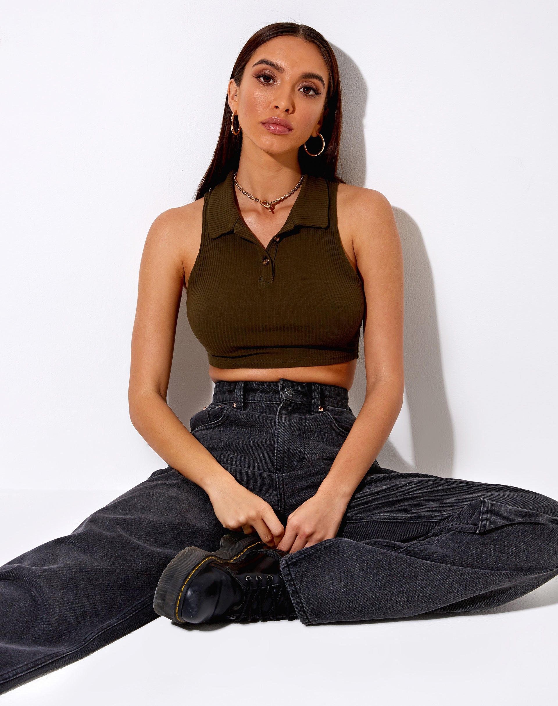 Guaco Crop Top in Rib Khaki sold by Motel Rocks