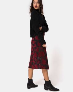 Saika Midi Skirt in Romantic Red Rose Flock sold by Motel Rocks