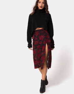 Saika Midi Skirt in Romantic Red Rose Flock sold by Motel Rocks