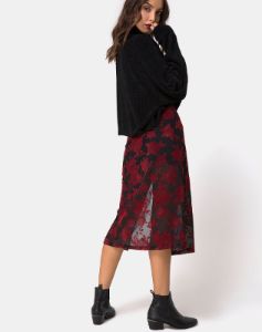 Saika Midi Skirt in Romantic Red Rose Flock sold by Motel Rocks
